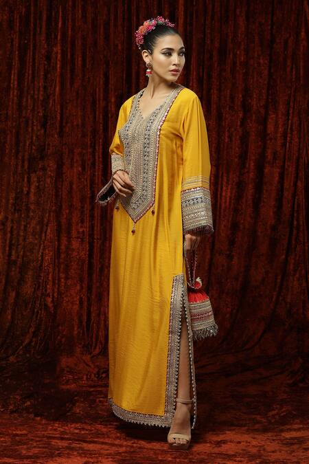 Shikhar Sharma Yellow Silk Chanderi Badla, Dori, Gota Leaf Neck Kaftan Online at Aza Fashions Shikhar Sharma_Yellow Silk Chanderi Badla, Dori, Gota Leaf Neck Kaftan _Online_at_Aza_Fashions