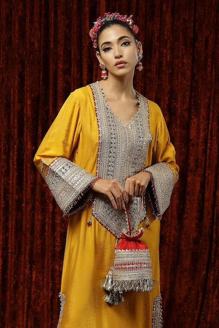 Buy Shikhar Sharma Yellow Silk Chanderi Badla, Dori, Gota Leaf Neck Kaftan Online at Aza Fashions Buy_Shikhar Sharma_Yellow Silk Chanderi Badla, Dori, Gota Leaf Neck Kaftan _Online_at_Aza_Fashions