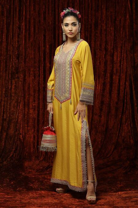 Shikhar Sharma Yellow Silk Chanderi Badla, Dori, Gota Leaf Neck Kaftan Online at Aza Fashions Shikhar Sharma_Yellow Silk Chanderi Badla, Dori, Gota Leaf Neck Kaftan _Online_at_Aza_Fashions