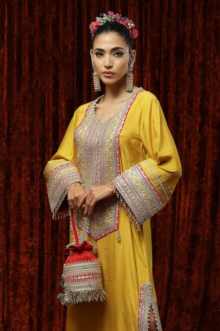 Buy Shikhar Sharma Yellow Silk Chanderi Badla, Dori, Gota Leaf Neck Kaftan Online at Aza Fashions Buy_Shikhar Sharma_Yellow Silk Chanderi Badla, Dori, Gota Leaf Neck Kaftan _Online_at_Aza_Fashions