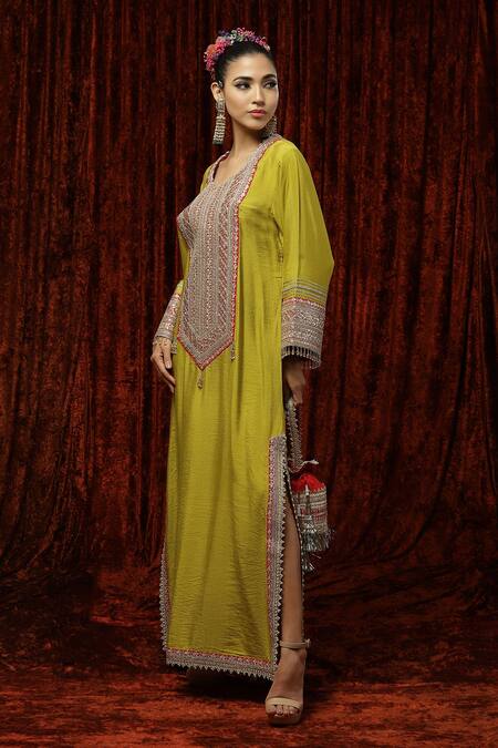 Shikhar Sharma Green Silk Chanderi Badla, Dori, Gota Leaf Neck Kaftan Online at Aza Fashions Shikhar Sharma_Green Silk Chanderi Badla, Dori, Gota Leaf Neck Kaftan _Online_at_Aza_Fashions
