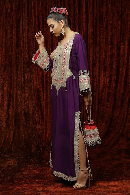 Shikhar Sharma Purple Silk Chanderi Badla, Dori, Gota V Neck Kaftan Online at Aza Fashions Shikhar Sharma_Purple Silk Chanderi Badla, Dori, Gota V Neck Kaftan _Online_at_Aza_Fashions