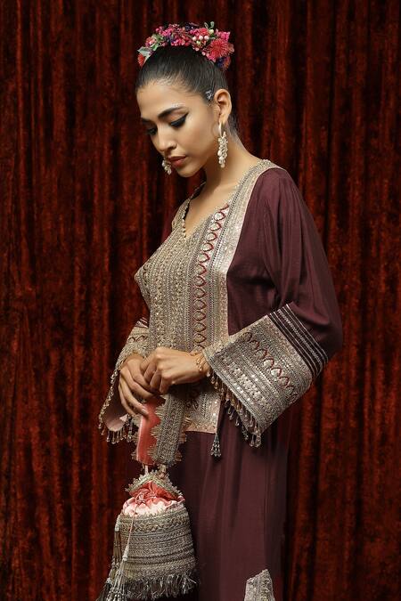 Buy Shikhar Sharma Maroon Silk Chanderi Badla, Dori, Gota V Neck Kaftan Online at Aza Fashions Buy_Shikhar Sharma_Maroon Silk Chanderi Badla, Dori, Gota V Neck Kaftan _Online_at_Aza_Fashions