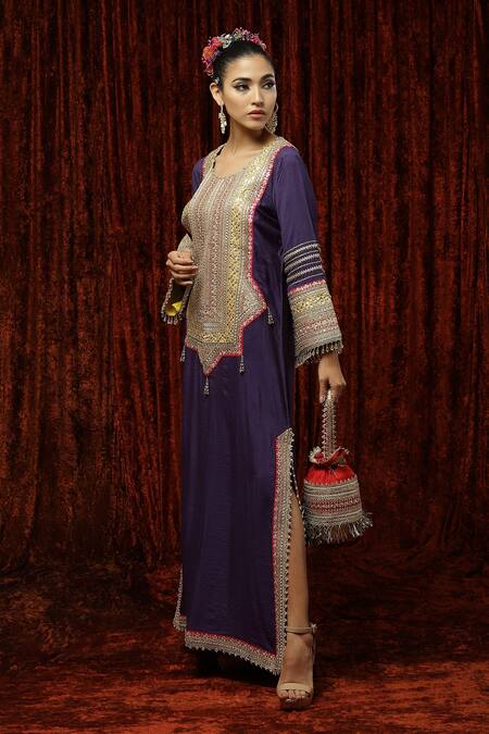 Shikhar Sharma_Purple Silk Chanderi Badla, Dori, Gota Round Kaftan _Online_at_Aza_Fashions