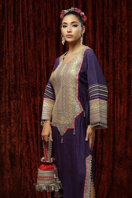 Buy_Shikhar Sharma_Purple Silk Chanderi Badla, Dori, Gota Round Kaftan _Online_at_Aza_Fashions
