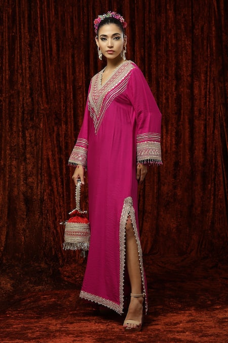 Shikhar Sharma Pink Silk Chanderi Badla, Dori, Gota V Neck Kaftan Online at Aza Fashions Shikhar Sharma_Pink Silk Chanderi Badla, Dori, Gota V Neck Kaftan _Online_at_Aza_Fashions