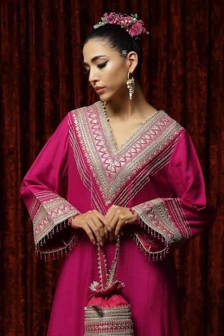 Buy Shikhar Sharma Pink Silk Chanderi Badla, Dori, Gota V Neck Kaftan Online at Aza Fashions Buy_Shikhar Sharma_Pink Silk Chanderi Badla, Dori, Gota V Neck Kaftan _Online_at_Aza_Fashions
