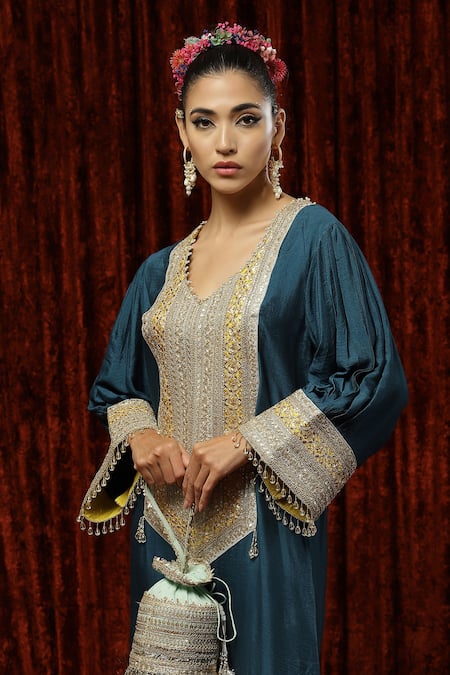 Buy_Shikhar Sharma_Blue Silk Chanderi Badla, Dori, Gota V Neck Kaftan _Online_at_Aza_Fashions