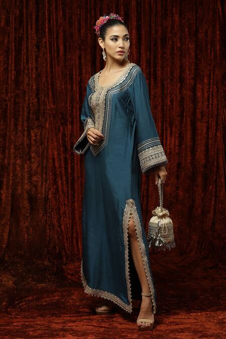 Shikhar Sharma Blue Silk Chanderi Badla, Dori, Gota Round Kaftan Online at Aza Fashions Shikhar Sharma_Blue Silk Chanderi Badla, Dori, Gota Round Kaftan _Online_at_Aza_Fashions