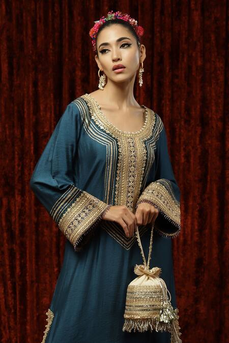 Buy Shikhar Sharma Blue Silk Chanderi Badla, Dori, Gota Round Kaftan Online at Aza Fashions Buy_Shikhar Sharma_Blue Silk Chanderi Badla, Dori, Gota Round Kaftan _Online_at_Aza_Fashions