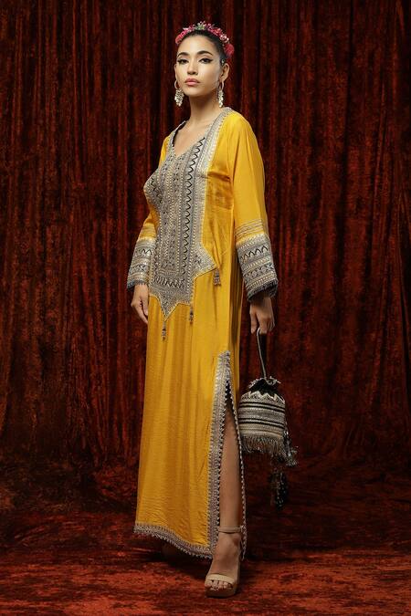 Shikhar Sharma Yellow Silk Chanderi Badla, Dori, Gota V Neck Kaftan Online at Aza Fashions Shikhar Sharma_Yellow Silk Chanderi Badla, Dori, Gota V Neck Kaftan _Online_at_Aza_Fashions