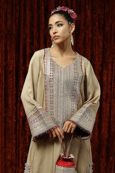 Buy Shikhar Sharma Gold Silk Chanderi Badla, Dori, Gota V Neck Kaftan Online at Aza Fashions Buy_Shikhar Sharma_Gold Silk Chanderi Badla, Dori, Gota V Neck Kaftan _Online_at_Aza_Fashions