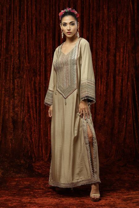 Shikhar Sharma_Gold Silk Chanderi Badla, Dori, Gota V Neck Kaftan _Online_at_Aza_Fashions