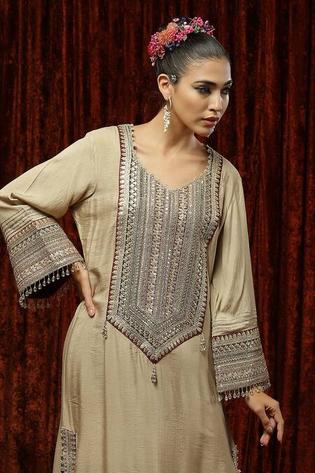 Buy_Shikhar Sharma_Gold Silk Chanderi Badla, Dori, Gota V Neck Kaftan _Online_at_Aza_Fashions