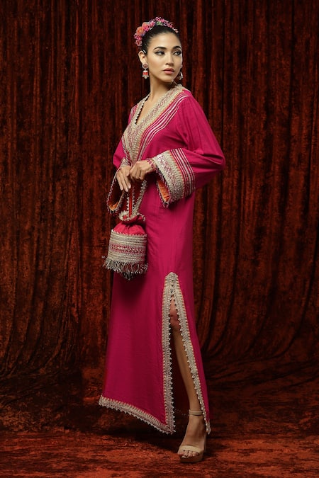 Shikhar Sharma_Fuchsia Silk Chanderi Dori, Gota, Badla Work And Crystal Embroidered Kurta Kaftan _Online_at_Aza_Fashions