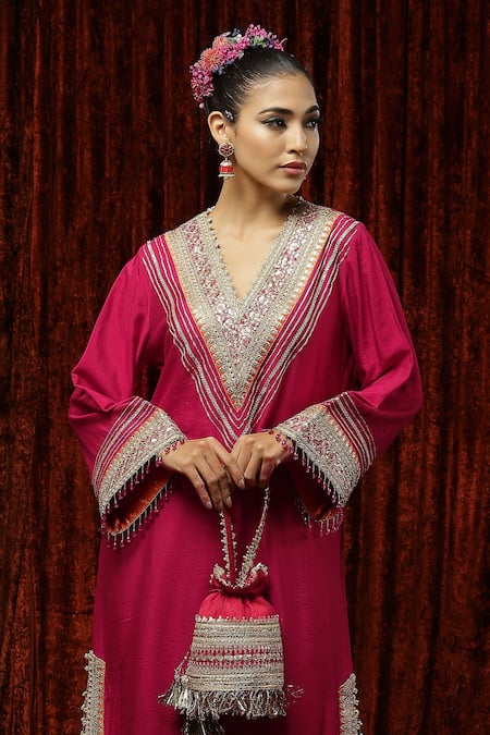Buy_Shikhar Sharma_Fuchsia Silk Chanderi Dori, Gota, Badla Work And Crystal Embroidered Kurta Kaftan _Online_at_Aza_Fashions