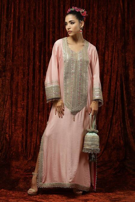 SHIKHAR SHARMA Pink Silk Chanderi Embroidered And Embellished Gota Sweetheart Neck Kurta Kaftan 