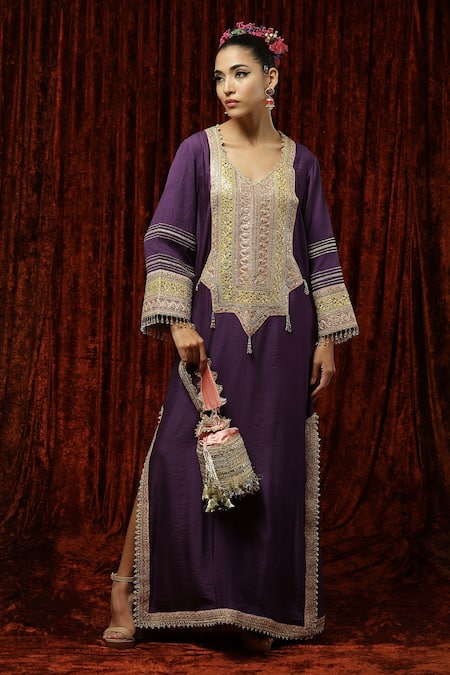 Shikhar Sharma Purple Silk Chanderi Embroidered And Embellished Gota Sweetheart Neck Kurta Kaftan 