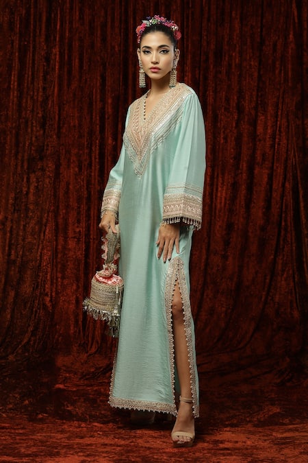 Shikhar Sharma_Green Silk Chanderi Dori, Gota, Badla Work And Crystal Embroidered Kurta Kaftan _Online_at_Aza_Fashions