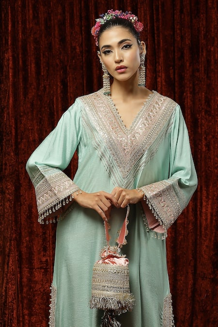 Buy_Shikhar Sharma_Green Silk Chanderi Dori, Gota, Badla Work And Crystal Embroidered Kurta Kaftan _Online_at_Aza_Fashions