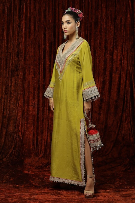 Shikhar Sharma_Green Silk Chanderi Dori, Gota, Badla Work And Crystal Embroidered Kurta Kaftan _Online_at_Aza_Fashions