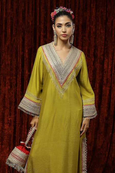 Buy_Shikhar Sharma_Green Silk Chanderi Dori, Gota, Badla Work And Crystal Embroidered Kurta Kaftan _Online_at_Aza_Fashions