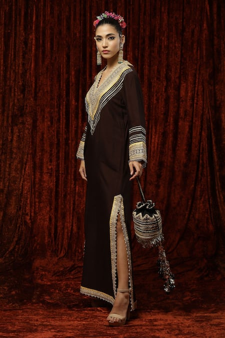 Shikhar Sharma Brown Silk Chanderi Dori, Gota, Badla Work And Crystal Embroidered Kurta Kaftan Online at Aza Fashions Shikhar Sharma_Brown Silk Chanderi Dori, Gota, Badla Work And Crystal Embroidered Kurta Kaftan _Online_at_Aza_Fashions