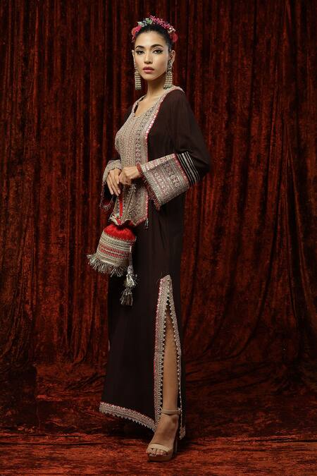 Shikhar Sharma_Brown Silk Chanderi Dori, Gota, Badla Work And Crystal Embroidered Kurta Kaftan _Online_at_Aza_Fashions