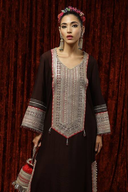 Buy_Shikhar Sharma_Brown Silk Chanderi Dori, Gota, Badla Work And Crystal Embroidered Kurta Kaftan _Online_at_Aza_Fashions