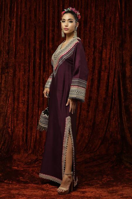 Shikhar Sharma Wine Silk Chanderi Dori, Gota, Badla Work And Crystal Embroidered Kurta Kaftan Online at Aza Fashions Shikhar Sharma_Wine Silk Chanderi Dori, Gota, Badla Work And Crystal Embroidered Kurta Kaftan _Online_at_Aza_Fashions