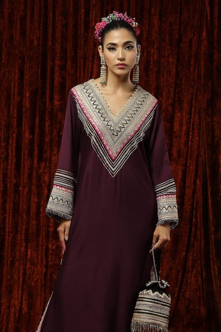 Buy Shikhar Sharma Wine Silk Chanderi Dori, Gota, Badla Work And Crystal Embroidered Kurta Kaftan Online at Aza Fashions Buy_Shikhar Sharma_Wine Silk Chanderi Dori, Gota, Badla Work And Crystal Embroidered Kurta Kaftan _Online_at_Aza_Fashions