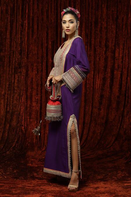 Shikhar Sharma Purple Silk Chanderi Embroidered And Embellished Gota Sweetheart Neck Kurta Kaftan Online at Aza Fashions Shikhar Sharma_Purple Silk Chanderi Embroidered And Embellished Gota Sweetheart Neck Kurta Kaftan _Online_at_Aza_Fashions