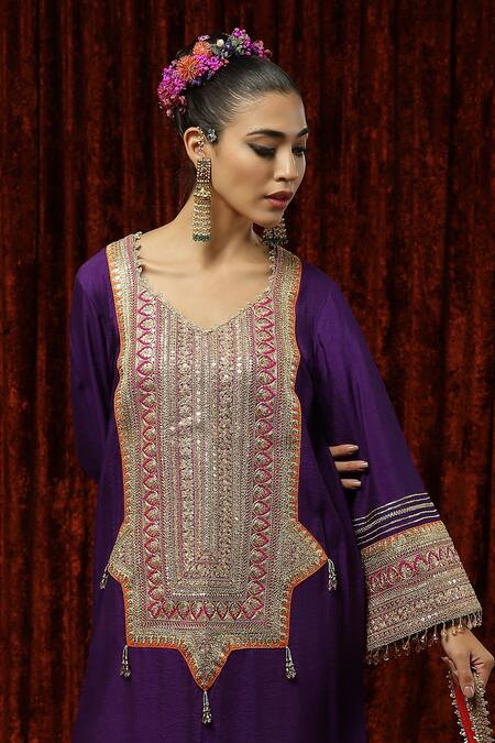 Buy Shikhar Sharma Purple Silk Chanderi Embroidered And Embellished Gota Sweetheart Neck Kurta Kaftan Online at Aza Fashions Buy_Shikhar Sharma_Purple Silk Chanderi Embroidered And Embellished Gota Sweetheart Neck Kurta Kaftan _Online_at_Aza_Fashions