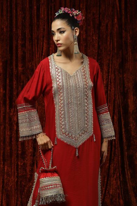 Buy_Shikhar Sharma_Red Silk Chanderi Dori, Gota, Badla Work And Crystal Embroidered Kurta Kaftan _Online_at_Aza_Fashions