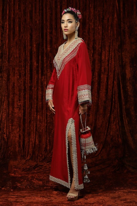 Shikhar Sharma_Red Silk Chanderi Dori, Gota, Badla Work And Crystal Embroidered Kurta Kaftan _Online_at_Aza_Fashions