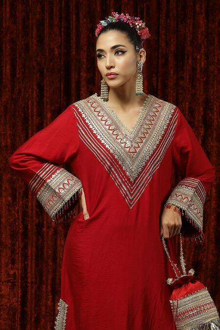 Buy_Shikhar Sharma_Red Silk Chanderi Dori, Gota, Badla Work And Crystal Embroidered Kurta Kaftan _Online_at_Aza_Fashions