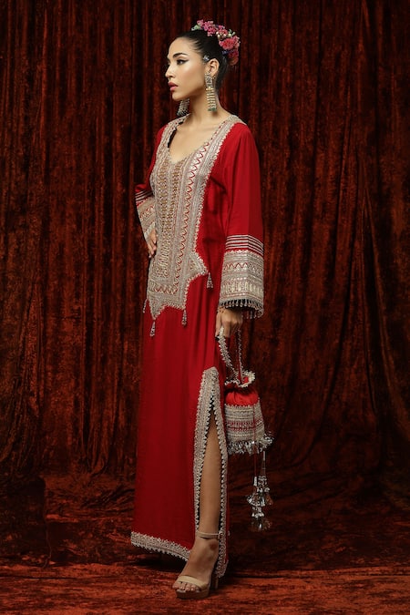 Shikhar Sharma Red Silk Chanderi Embroidered And Embellished Gota Sweetheart Neck Kurta Kaftan Online at Aza Fashions Shikhar Sharma_Red Silk Chanderi Embroidered And Embellished Gota Sweetheart Neck Kurta Kaftan _Online_at_Aza_Fashions