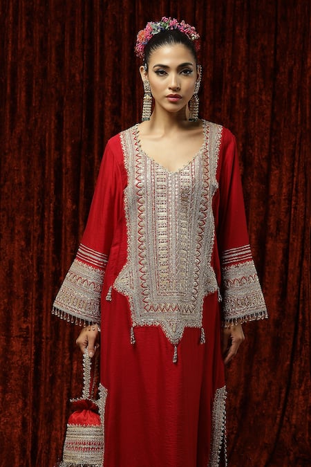 Buy Shikhar Sharma Red Silk Chanderi Embroidered And Embellished Gota Sweetheart Neck Kurta Kaftan Online at Aza Fashions Buy_Shikhar Sharma_Red Silk Chanderi Embroidered And Embellished Gota Sweetheart Neck Kurta Kaftan _Online_at_Aza_Fashions