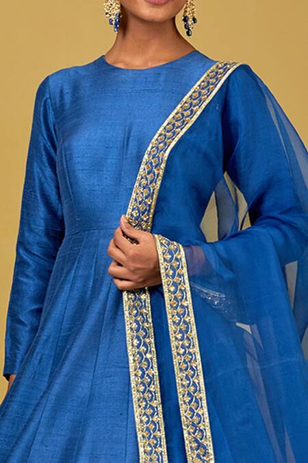 Ikshita Choudhary Blue Silk, Organza Embroidery Round Neck Hand Anarkali With Dupatta Online at Aza Fashions Ikshita Choudhary_Blue Silk, Organza Embroidery Round Neck Hand Anarkali With Dupatta _Online_at_Aza_Fashions