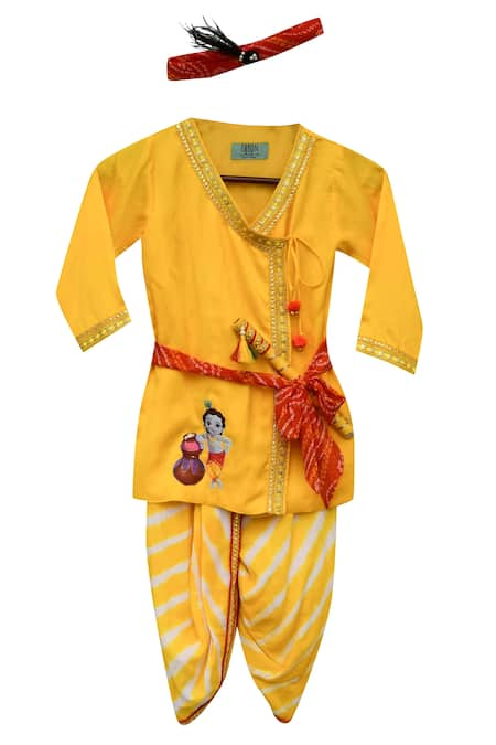 FAYON KIDS Yellow Cotton Silk Embroidered Kurta Dhoti Set 