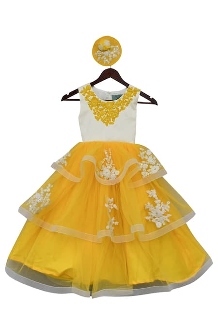 Fayon Kids White Net, Silk Embroidery, Sequins Floral Layered Gown 