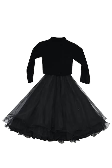 Shop Fayon Kids Black Net, Velvet Sequins, Embroidery Gown With Embellished Shrug at Aza Fashions Shop_Fayon Kids_Black Net, Velvet Sequins, Embroidery Gown With Embellished Shrug _at_Aza_Fashions