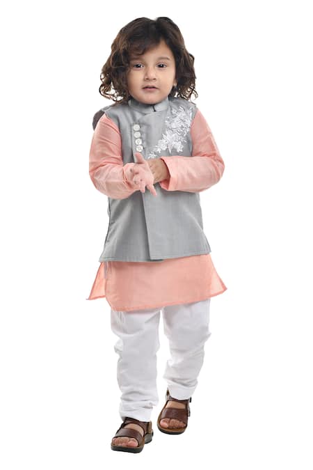 APRICOTKIDS Gray , Satin Embroidery Grey And Peach Kurta Set