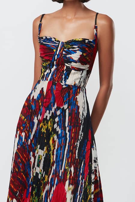 Saaksha & Kinni_Multi Color Chiffon Sweetheart Neck Abstract Floral Print Pleated Maxi Dress _Online_at_Aza_Fashions