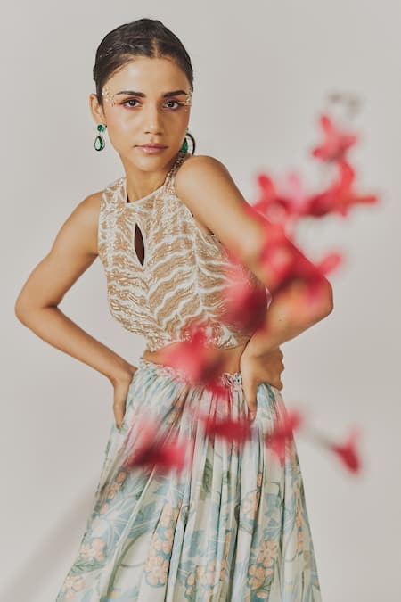 Anu Pellakuru_Sky Blue Muslin, Silk Pleated Floral Pattern Lehenga With Embellished Crop Top_Online_at_Aza_Fashions