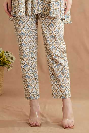 Nikasha_Blue Cotton Embroidery, Sequins Mandarin Collar Mughal Print Shirt And Pant Set _at_Aza_Fashions