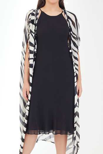 Shop_Nikasha_Black Viscose, Georgette Halter , Open Dress With Printed Jacket _Online_at_Aza_Fashions