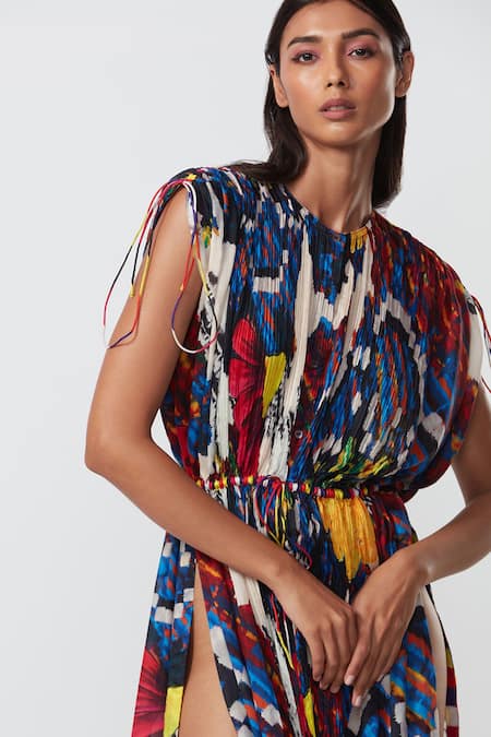 Saaksha & Kinni_Multi Color Cotton, Silk Round Neck Abstract Cluster Print Kaftan _Online_at_Aza_Fashions