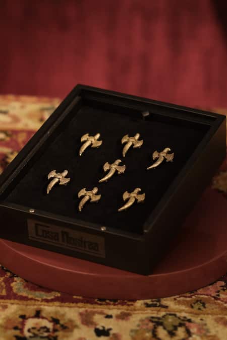 Shop Cosa Nostraa Gold The Sword Mercy Buttons Set 7 at Aza Fashions Shop_Cosa Nostraa_Gold The Sword Mercy Buttons Set 7 _at_Aza_Fashions