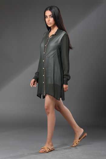 Zeefaa_Green Georgette Collared Neck Sheer Shirt Dress_Online_at_Aza_Fashions